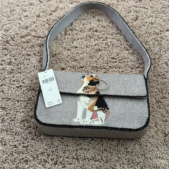 NWT new flaw Anthropologie Maeve Fiona beaded bag beagle dog gray embroidered - Picture 11 of 16